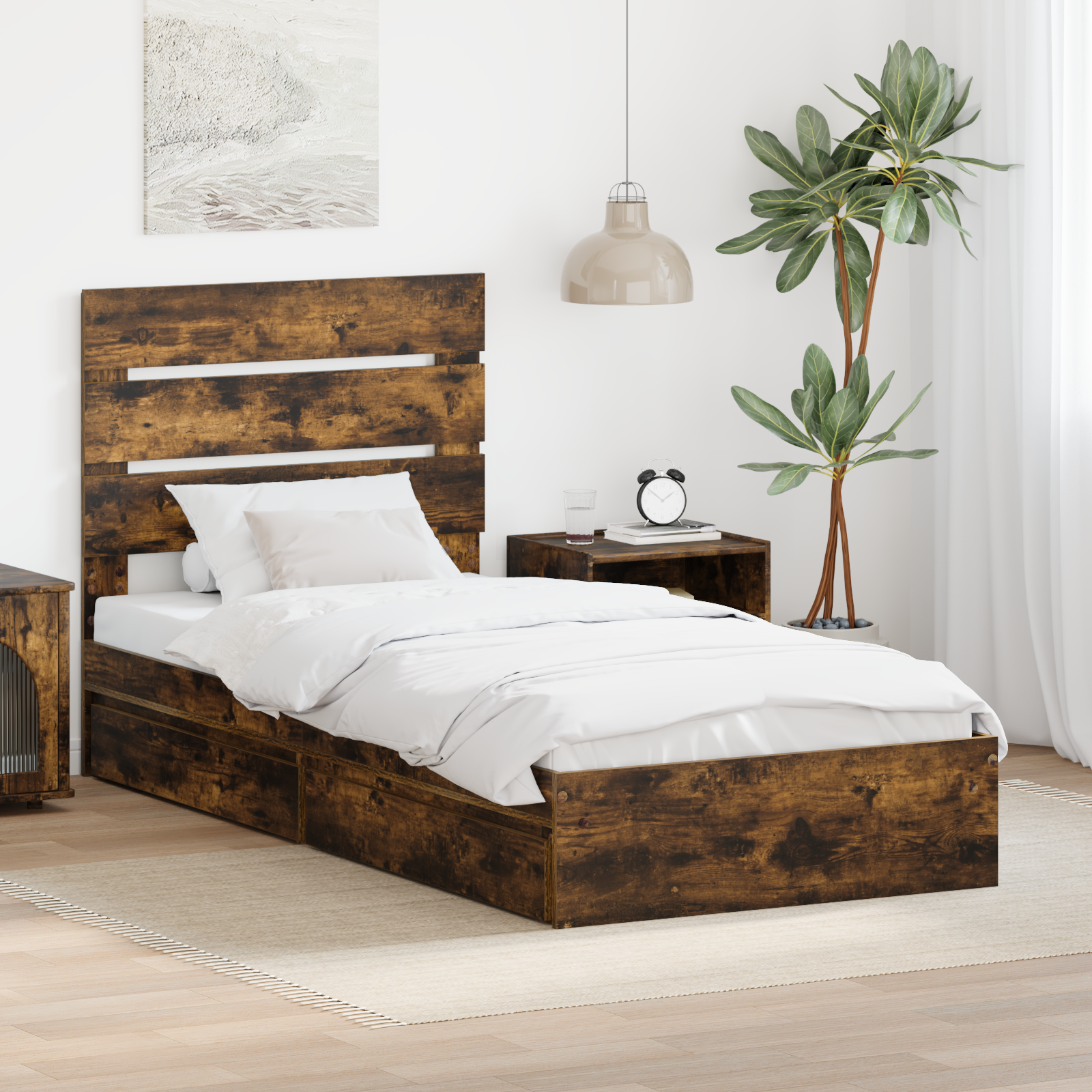 Förvaringssäng med låda Rökt ek 90 x 200 cm Konstruerat trä