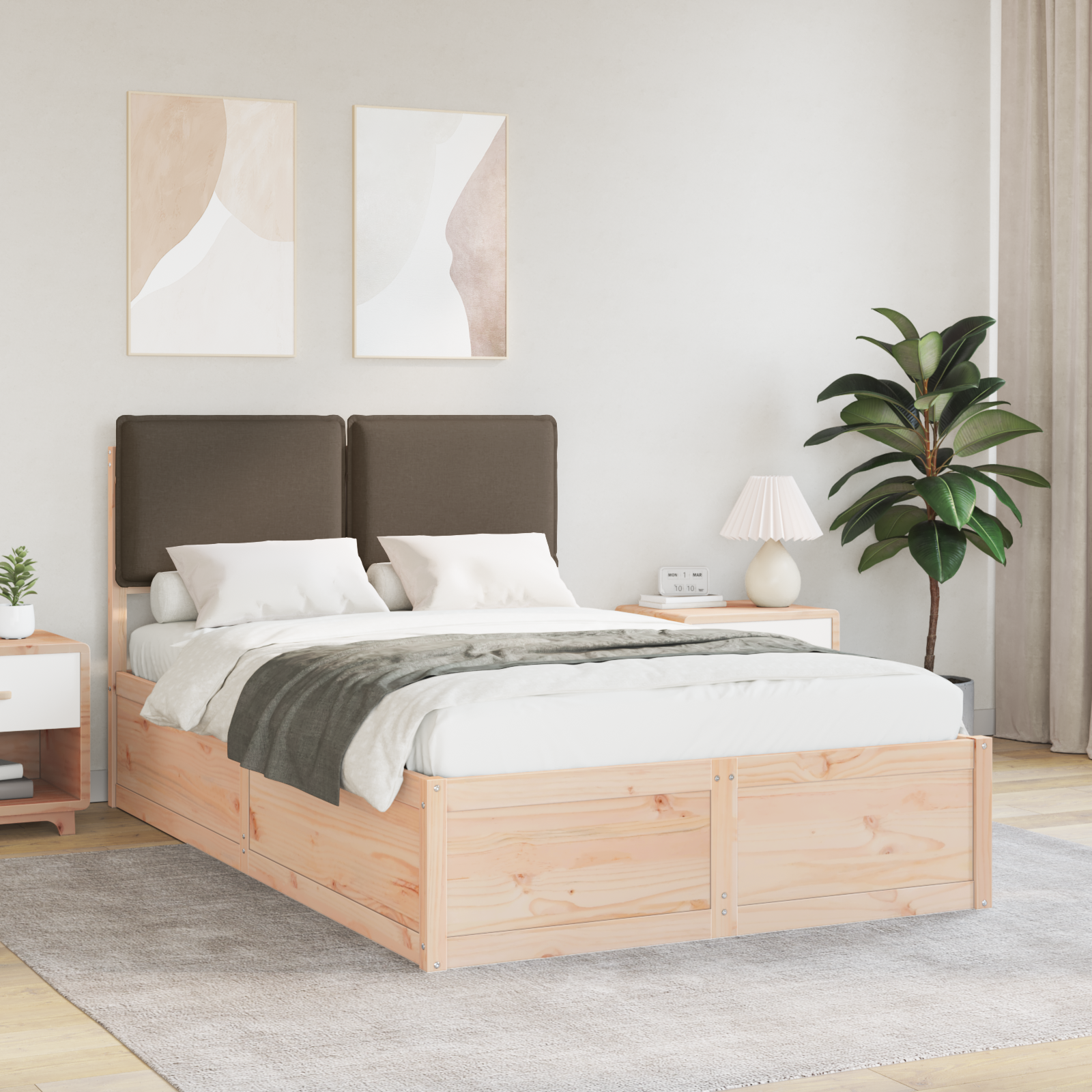 Sängram med Klädd Huvudgavel Taupe 120 x 190 cm Massiv furu