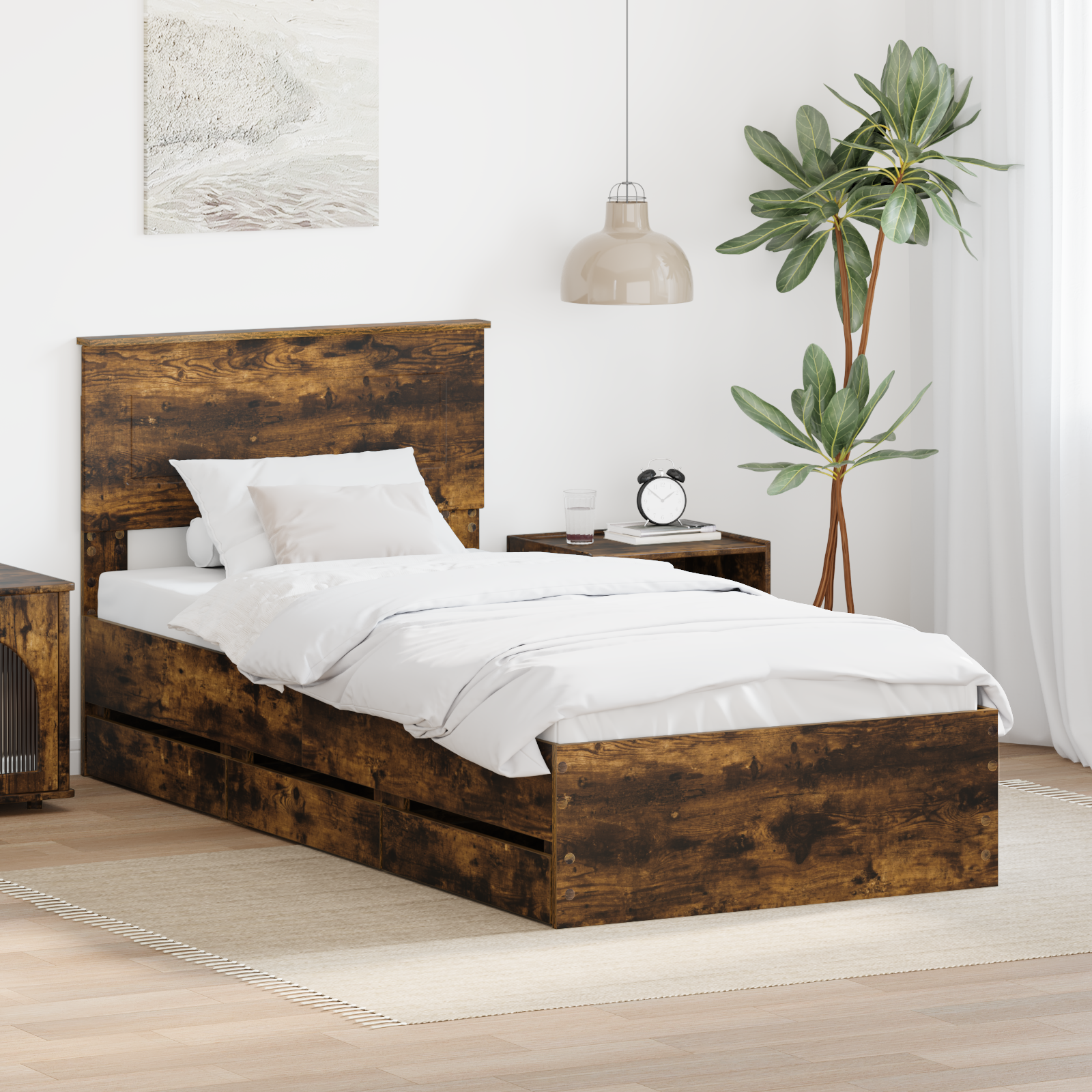 Sängram med låda med lagring Rökt ek 100 x 200 cm Ingenjörsträ