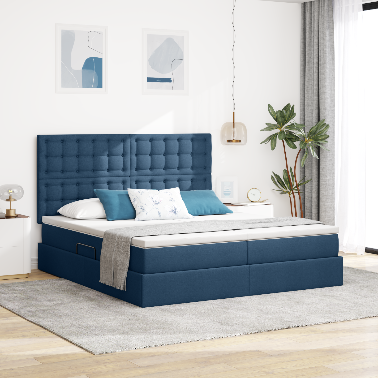 Förvaringssäng med huvudgavel med lagring Blå 200 x 200 cm Tyg