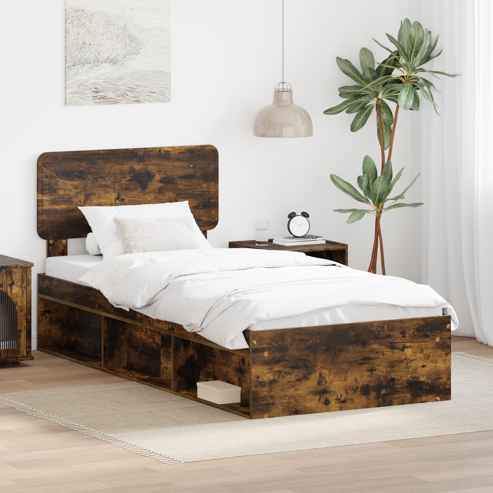 Sängram med huvudgavel Rökt ek 75 x 190 cm Massiv furu