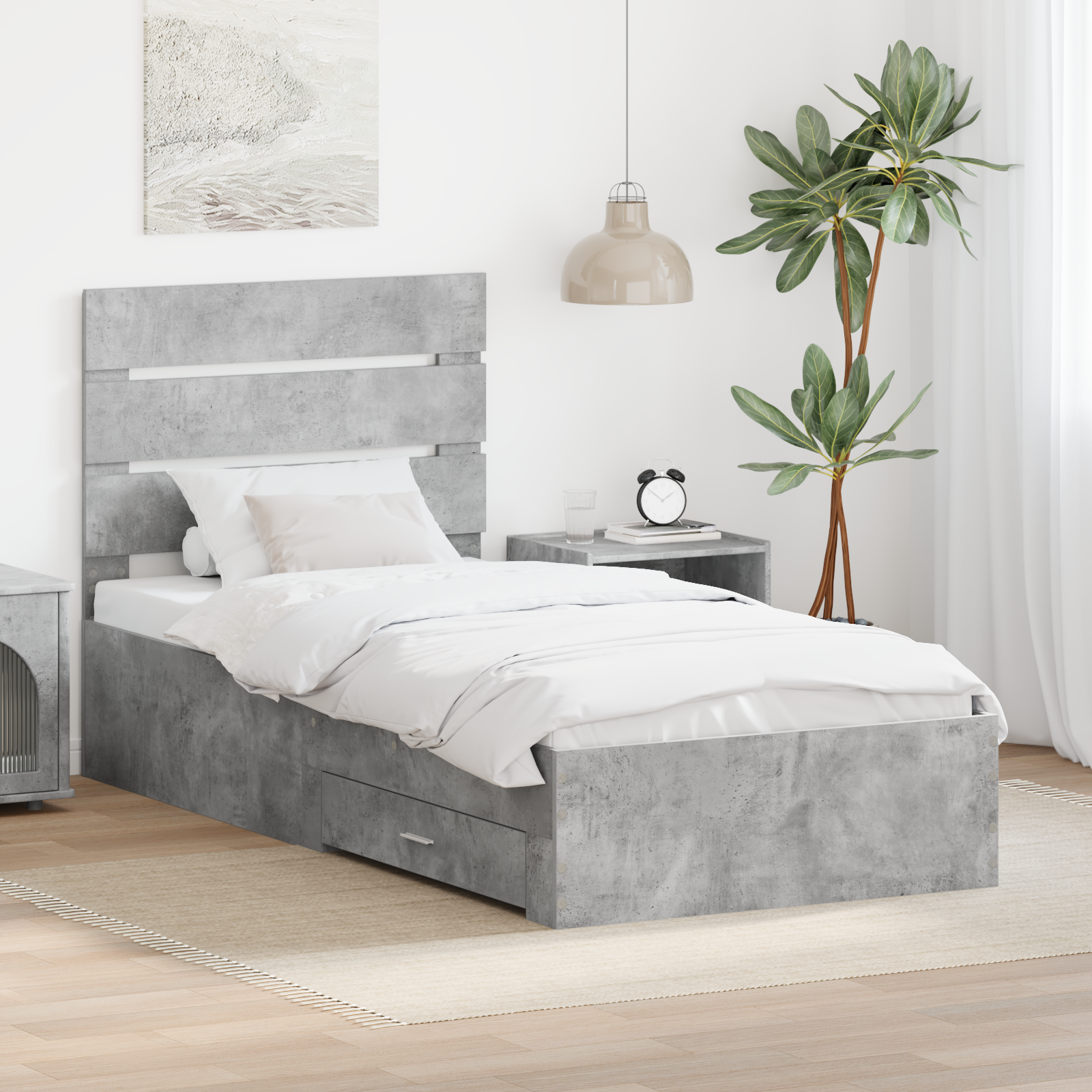Sängram med låda Betonggrå 100 x 200 cm Konstruerat trä