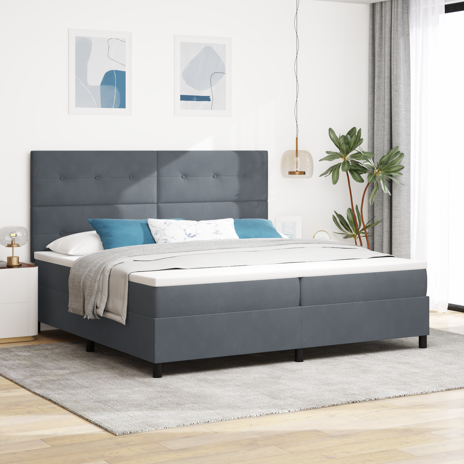 Bäddfjäder med huvudgavel Mörkgrå 200 x 200 cm Sammet