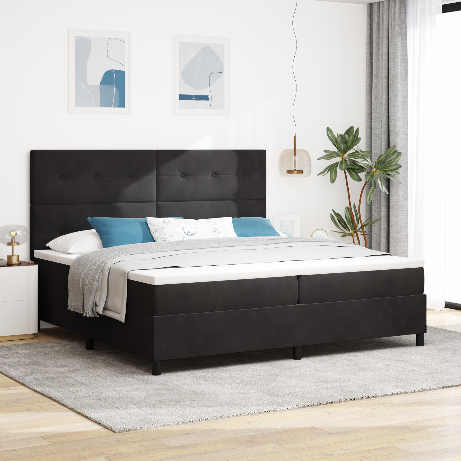 Bäddfjäder med huvudgavel Svart 200 x 200 cm Sammet