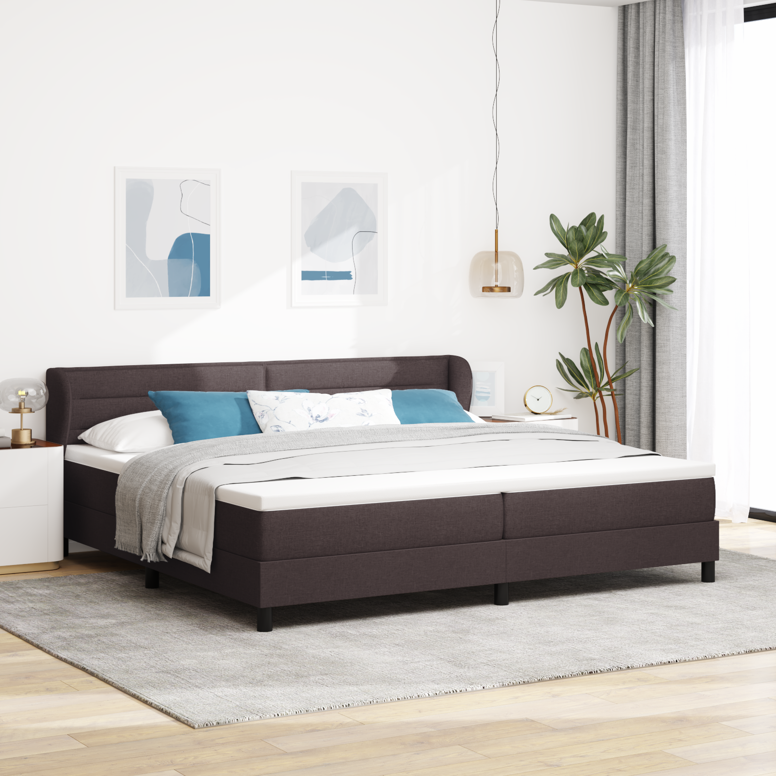 Bäddfjäder med madrass med huvudgavel Mörkbrun 200 x 200 cm tyg