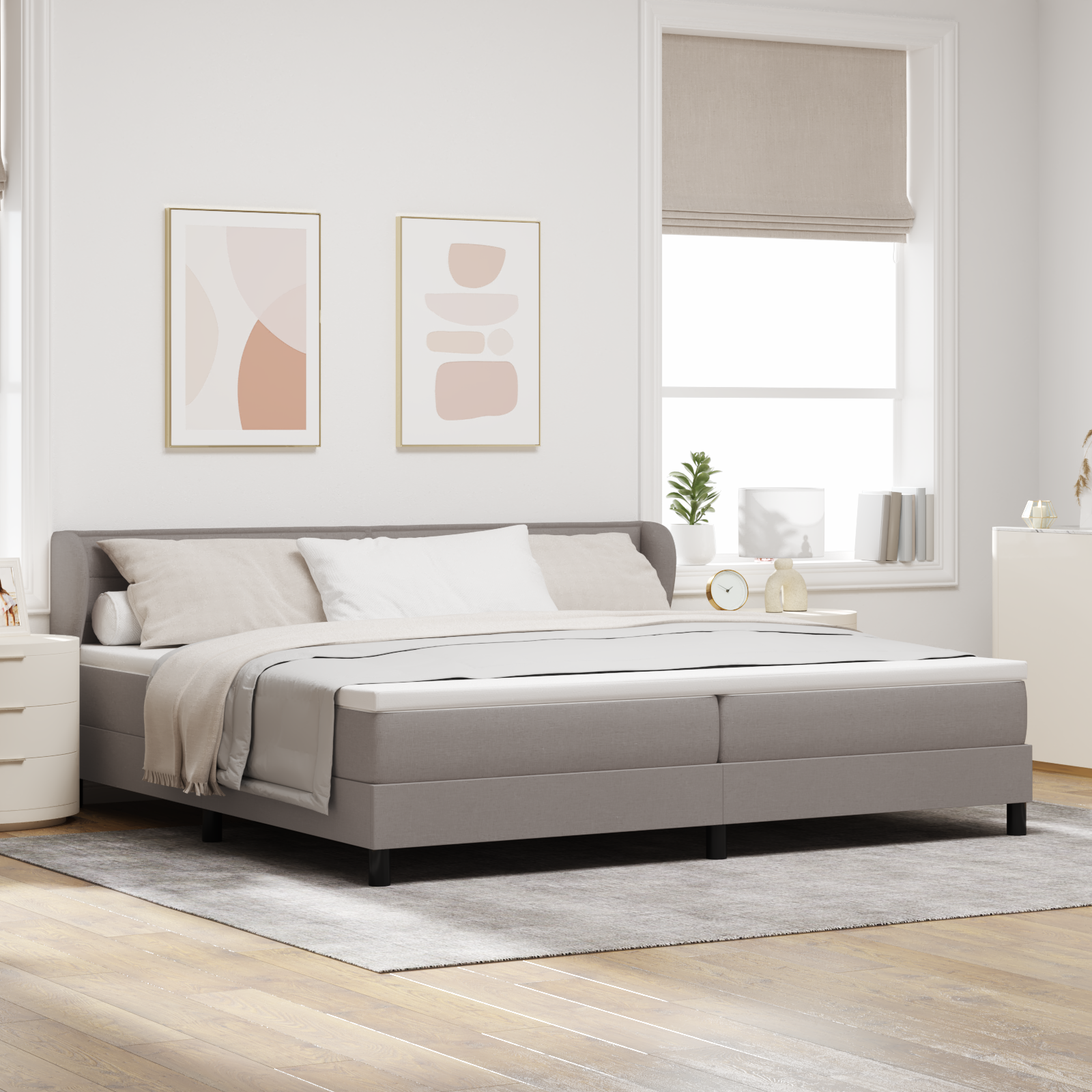 Bäddfjäder med madrass med huvudgavel Taupe 200 x 200 cm tyg