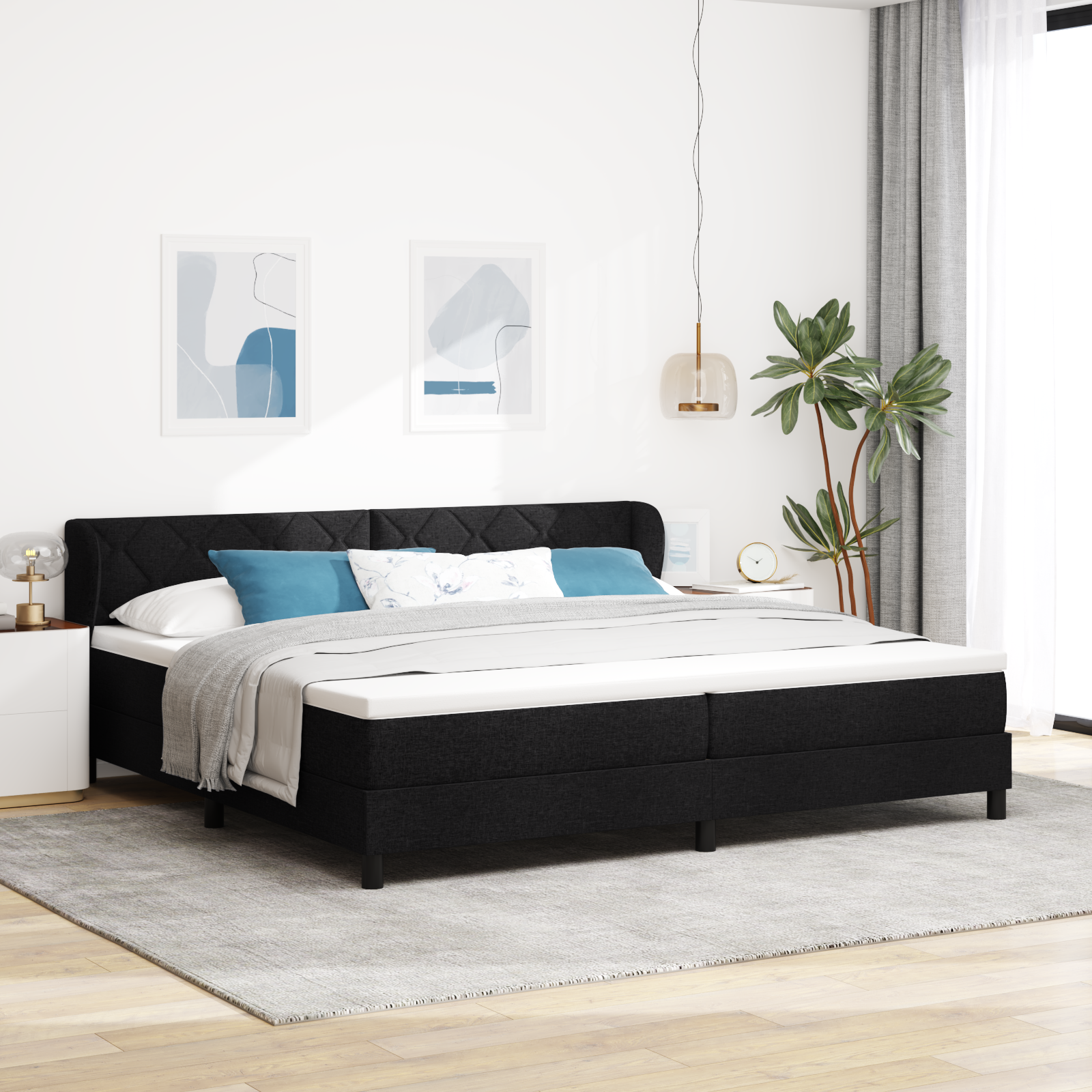 Bäddfjäder med huvudgavel Svart 200 x 200 cm tyg