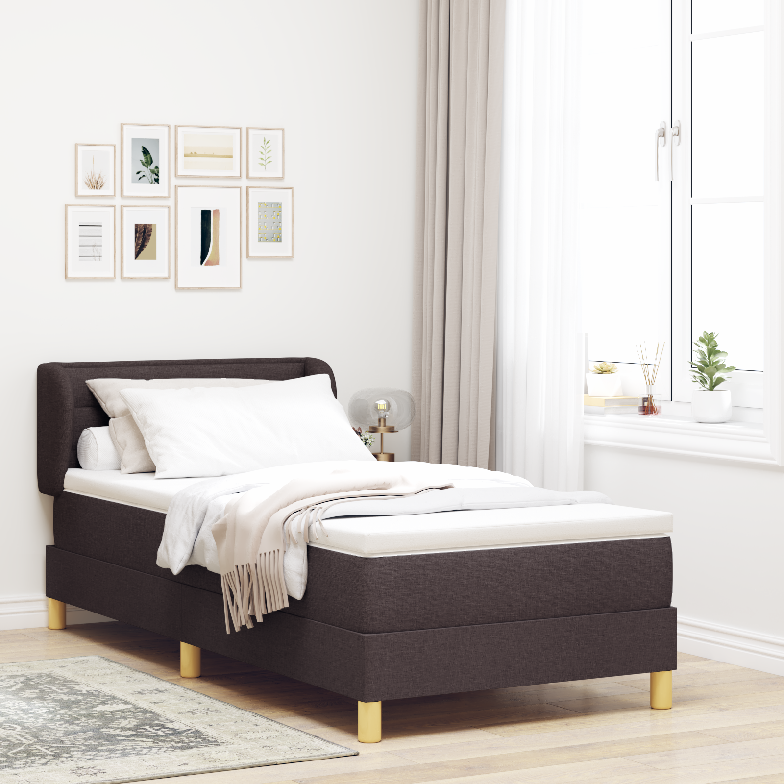Bäddfjäder med madrass med huvudgavel Mörkbrun 90 x 190 cm tyg