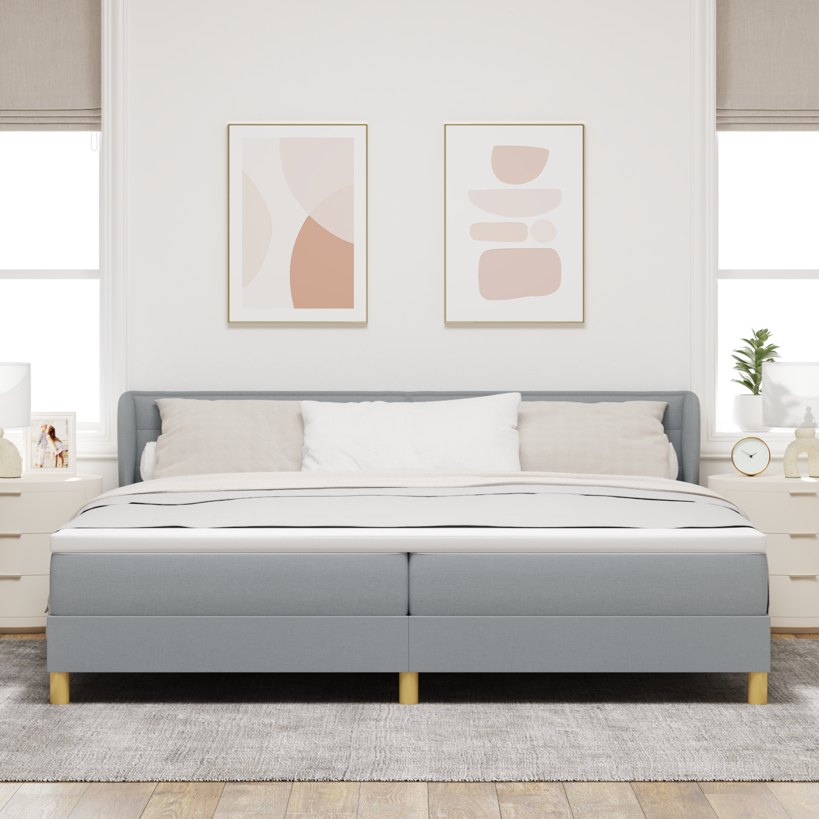 Bäddfjäder med madrass med huvudgavel Ljusgrå 200 x 200 cm tyg