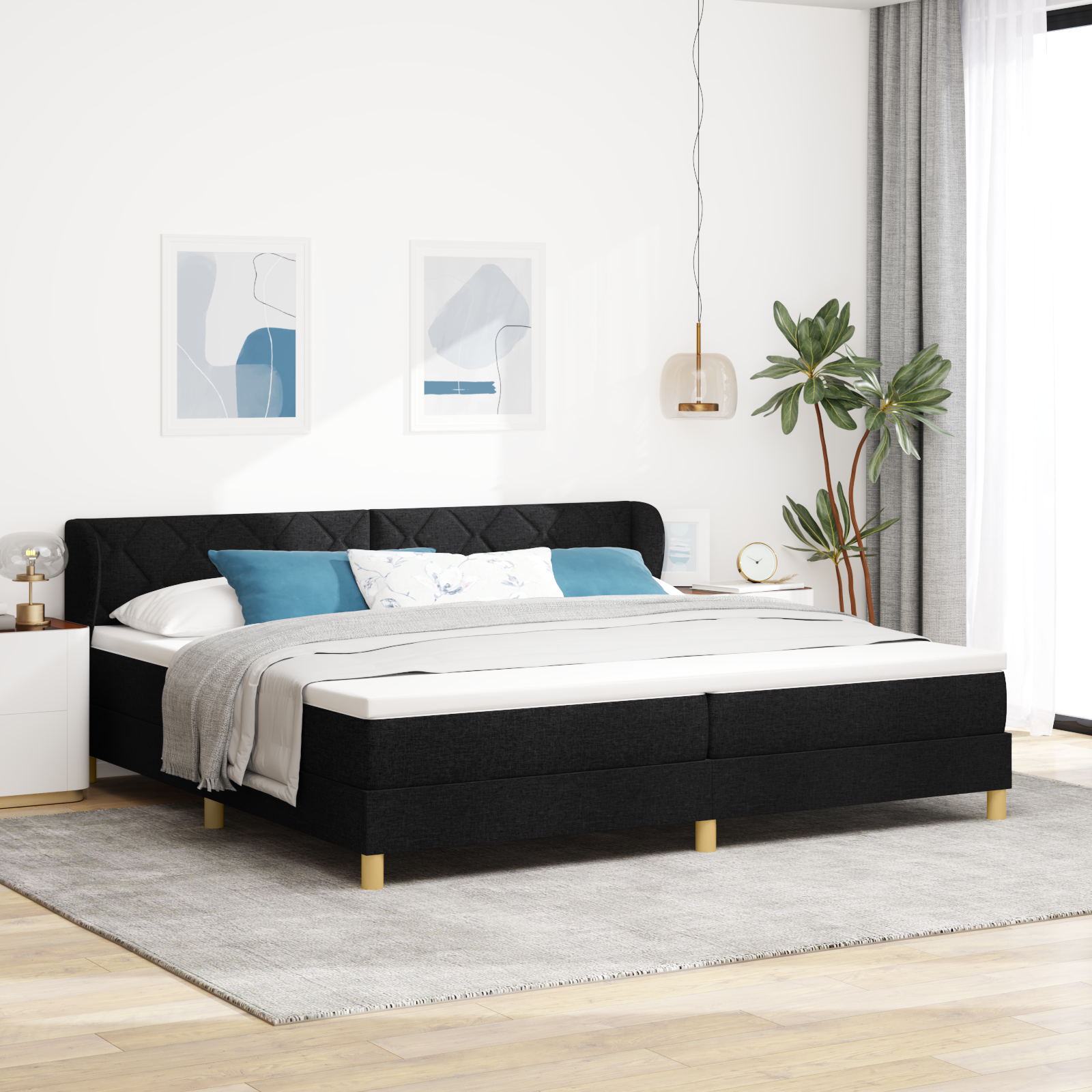 Bäddfjäder med huvudgavel Svart 200 x 200 cm tyg