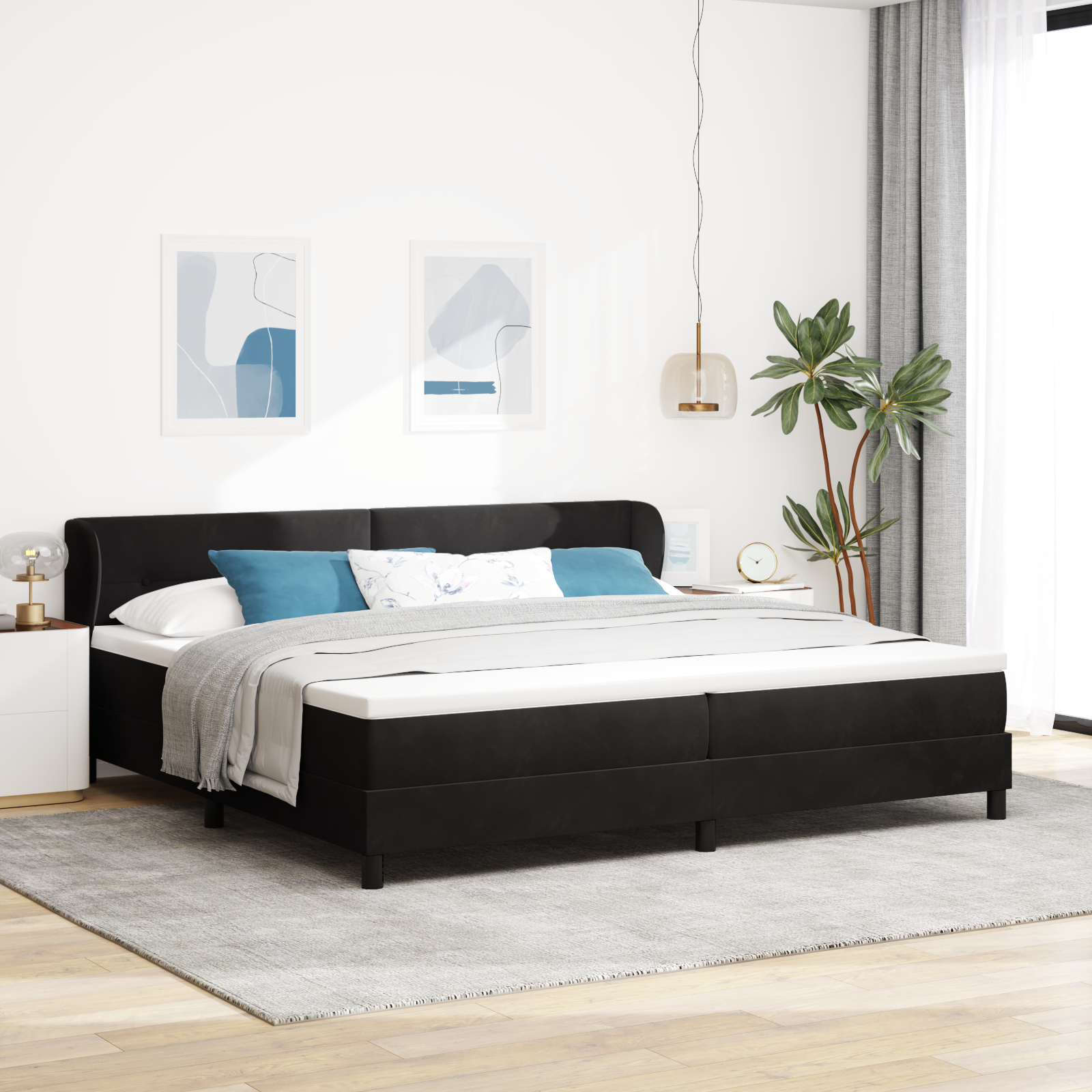 Bäddfjäder med huvudgavel Svart 200 x 200 cm Sammet