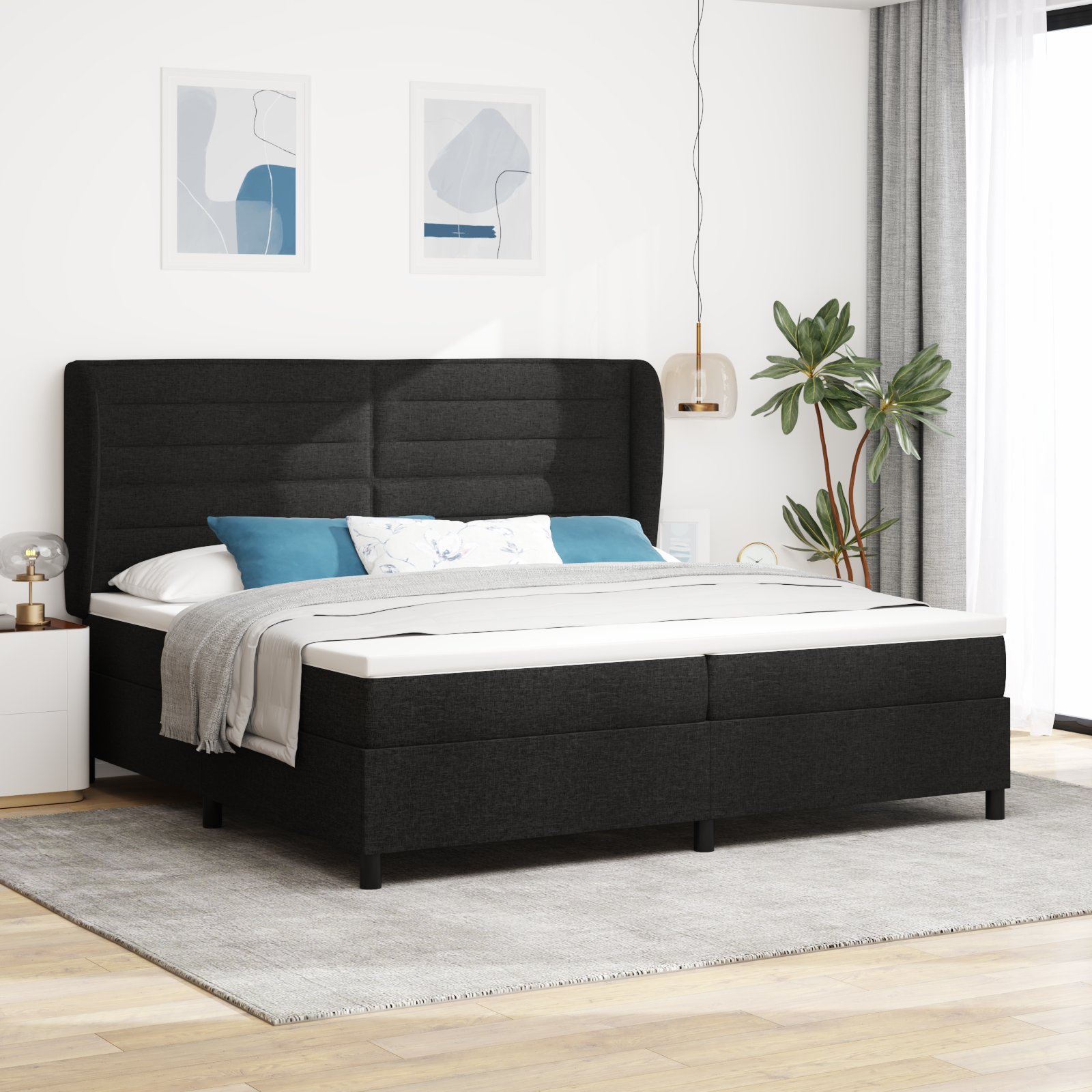 Bäddfjäder med madrass med huvudgavel Svart 200 x 200 cm tyg