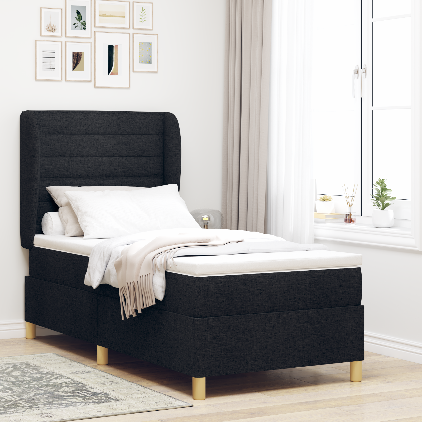 Bäddfjäder med madrass med huvudgavel Svart 200 x 80 cm tyg