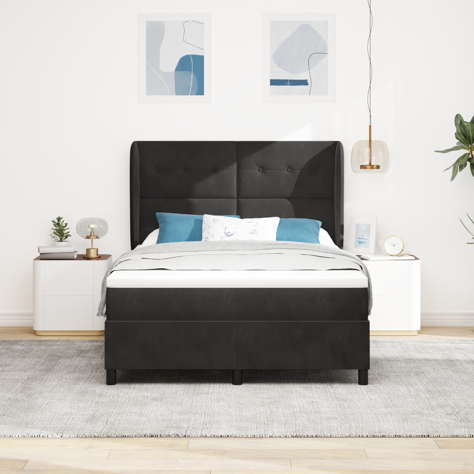 Bäddfjäder med huvudgavel Svart 200 x 140 cm Sammet