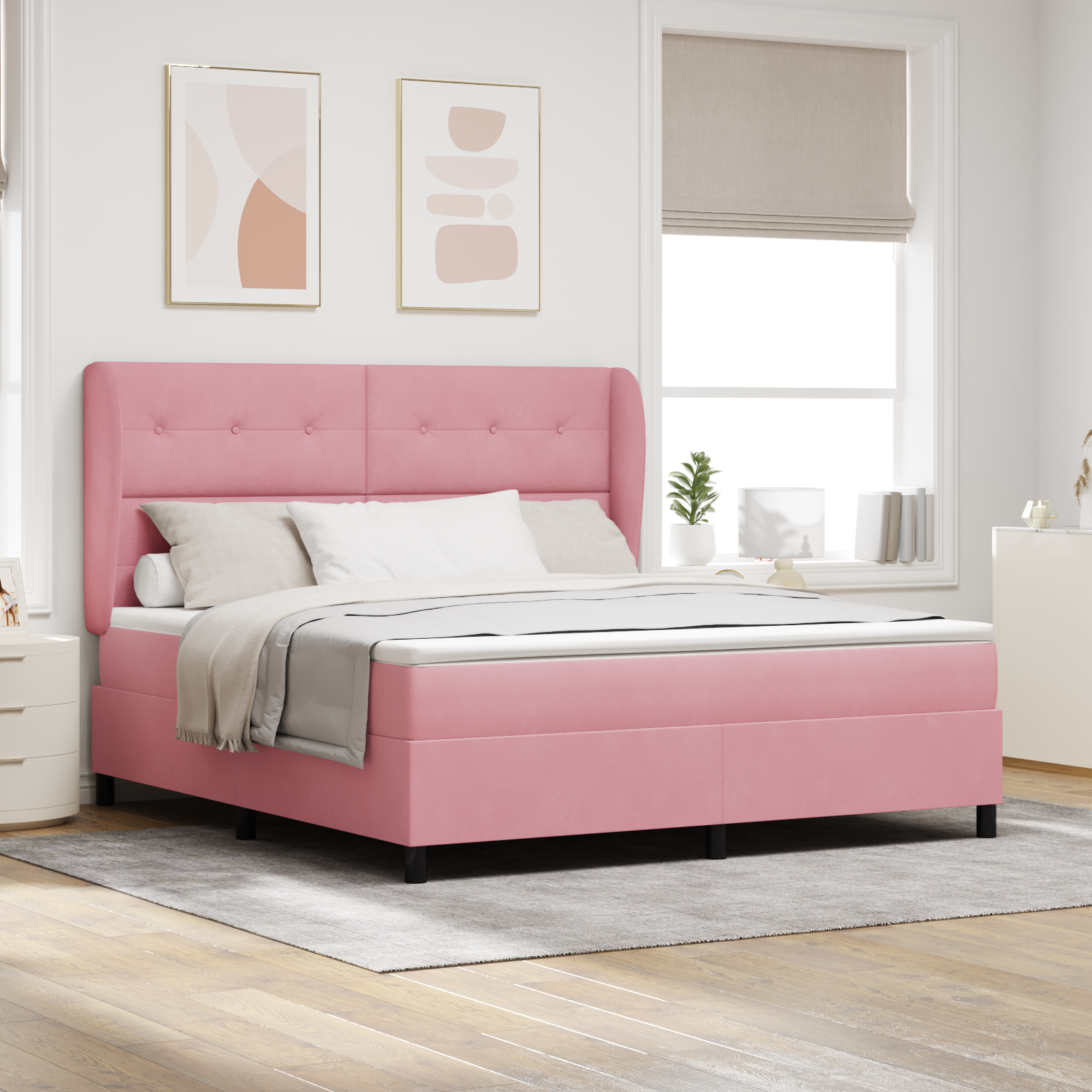 Bäddfjäder med huvudgavel Rosa 200 x 180 cm Sammet