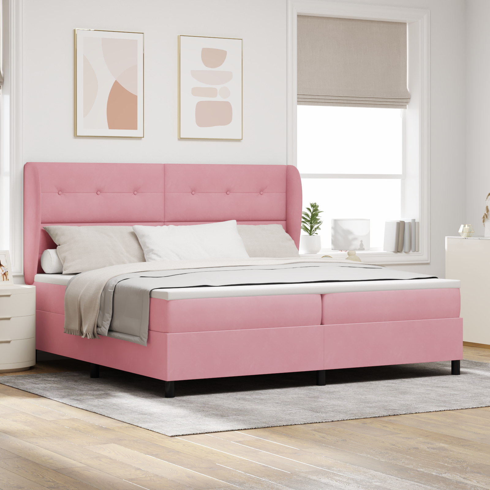 Bäddfjäder med huvudgavel Rosa 200 x 200 cm Sammet