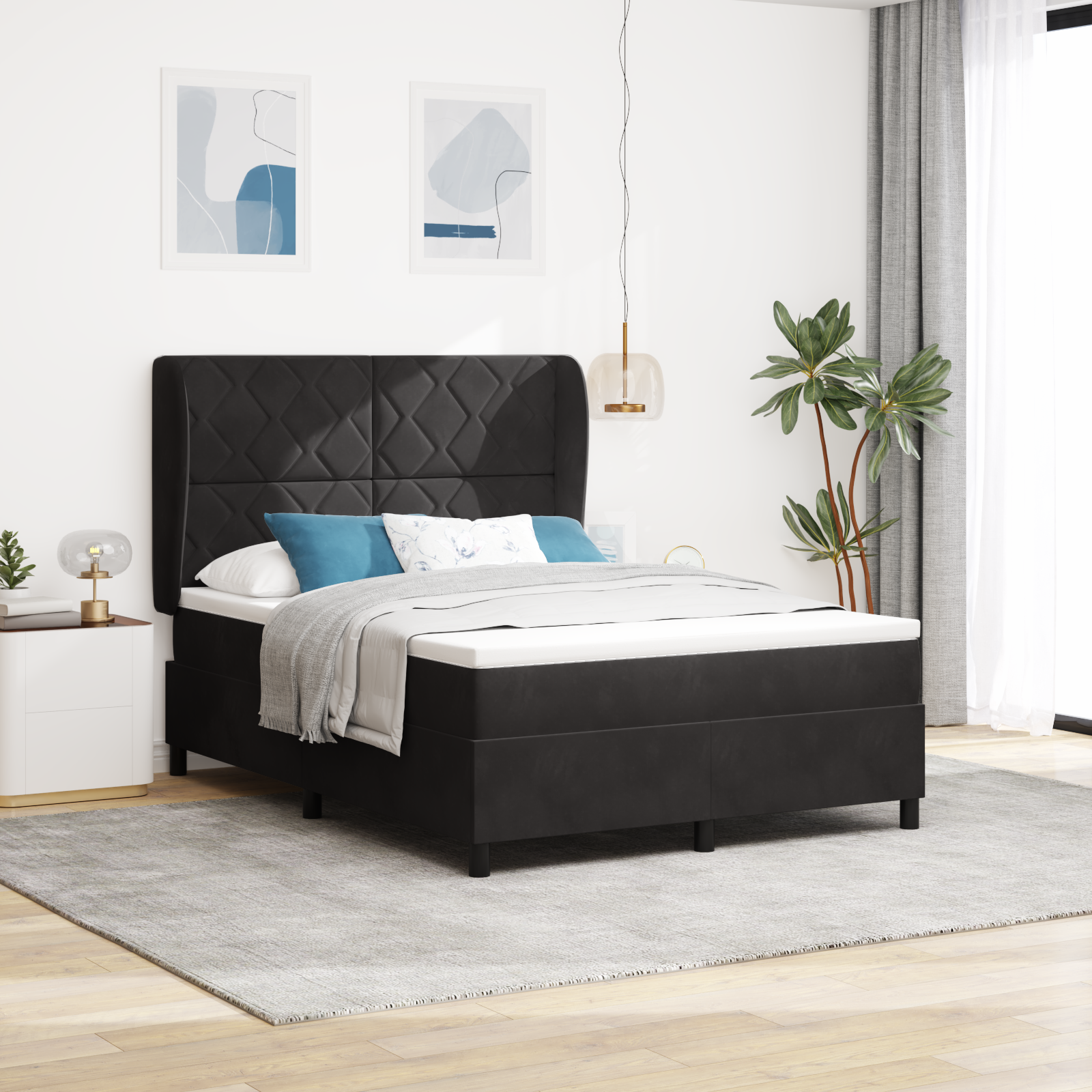 Bäddfjäder med huvudgavel Svart 200 x 140 cm Sammet