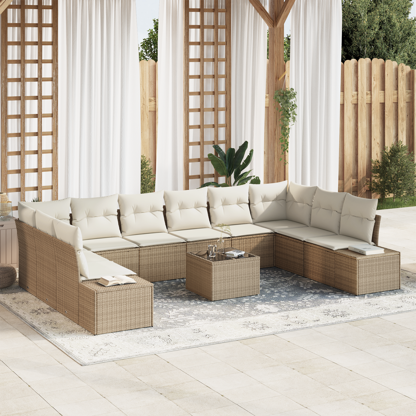 Trädgårdsoffset 10 pcs Beige och gräddfärgad Polyrattan