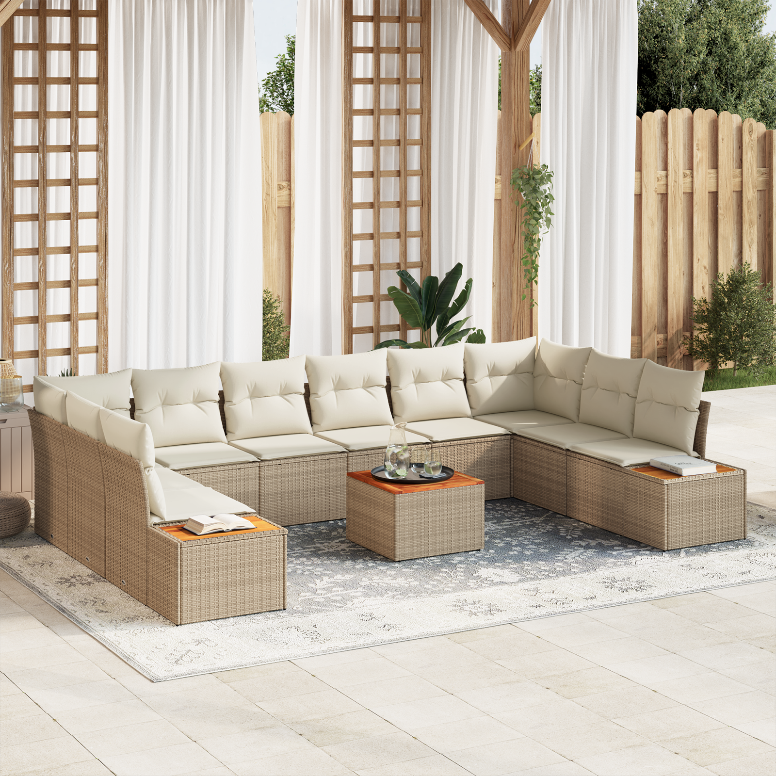 Trädgårdsoffset 10 pcs Beige och gräddfärgad Polyrattan
