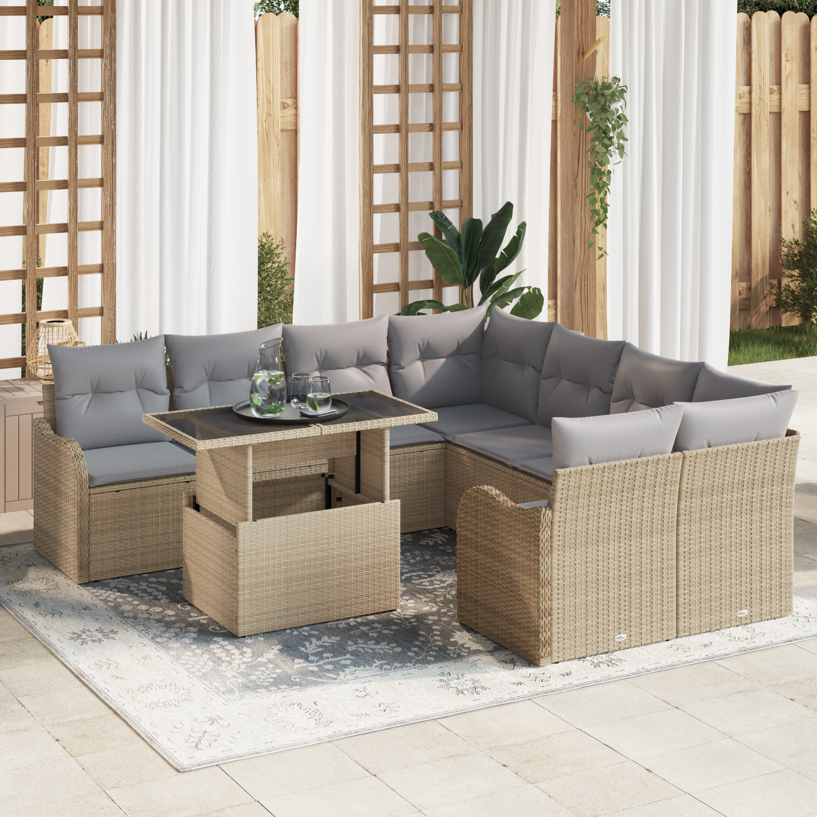 Trädgårdsoffset med kudde med kudde 9 pcs Beige Polyrattan
