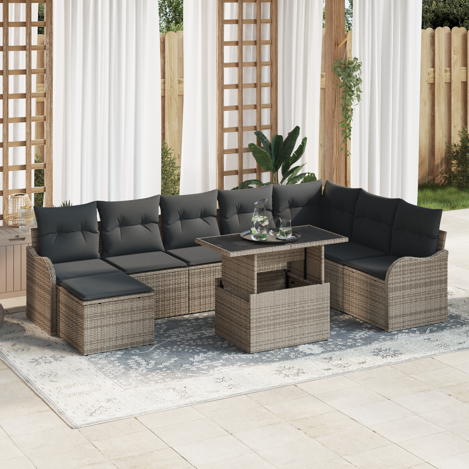 Trädgårdsoffset med kudde med lagring 9 pcs Grå Poly rattan