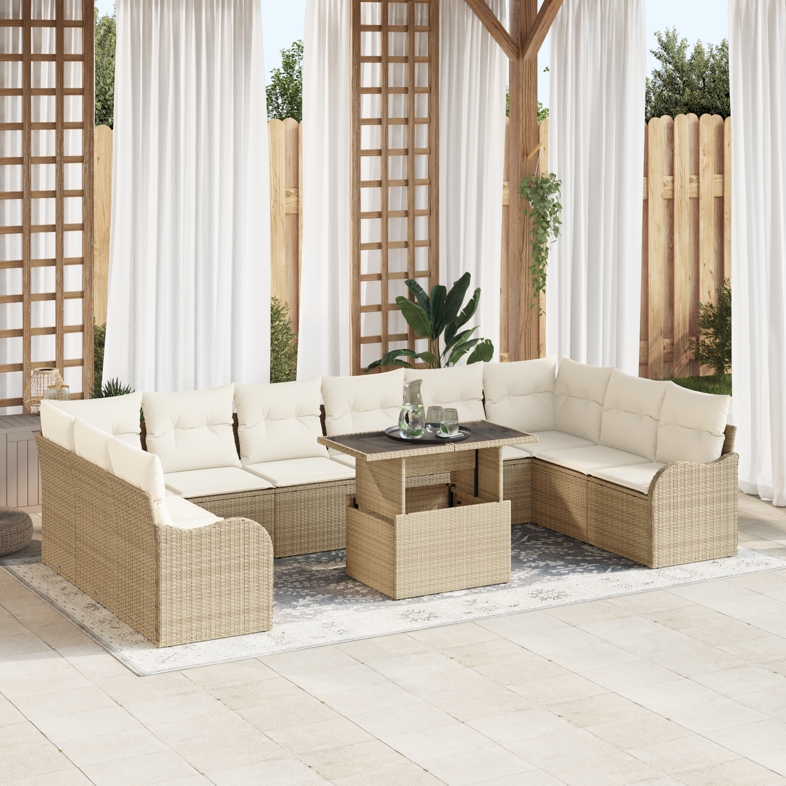 Trädgårdsoffset med kudde med kudde 11 pcs Beige Poly Rattan