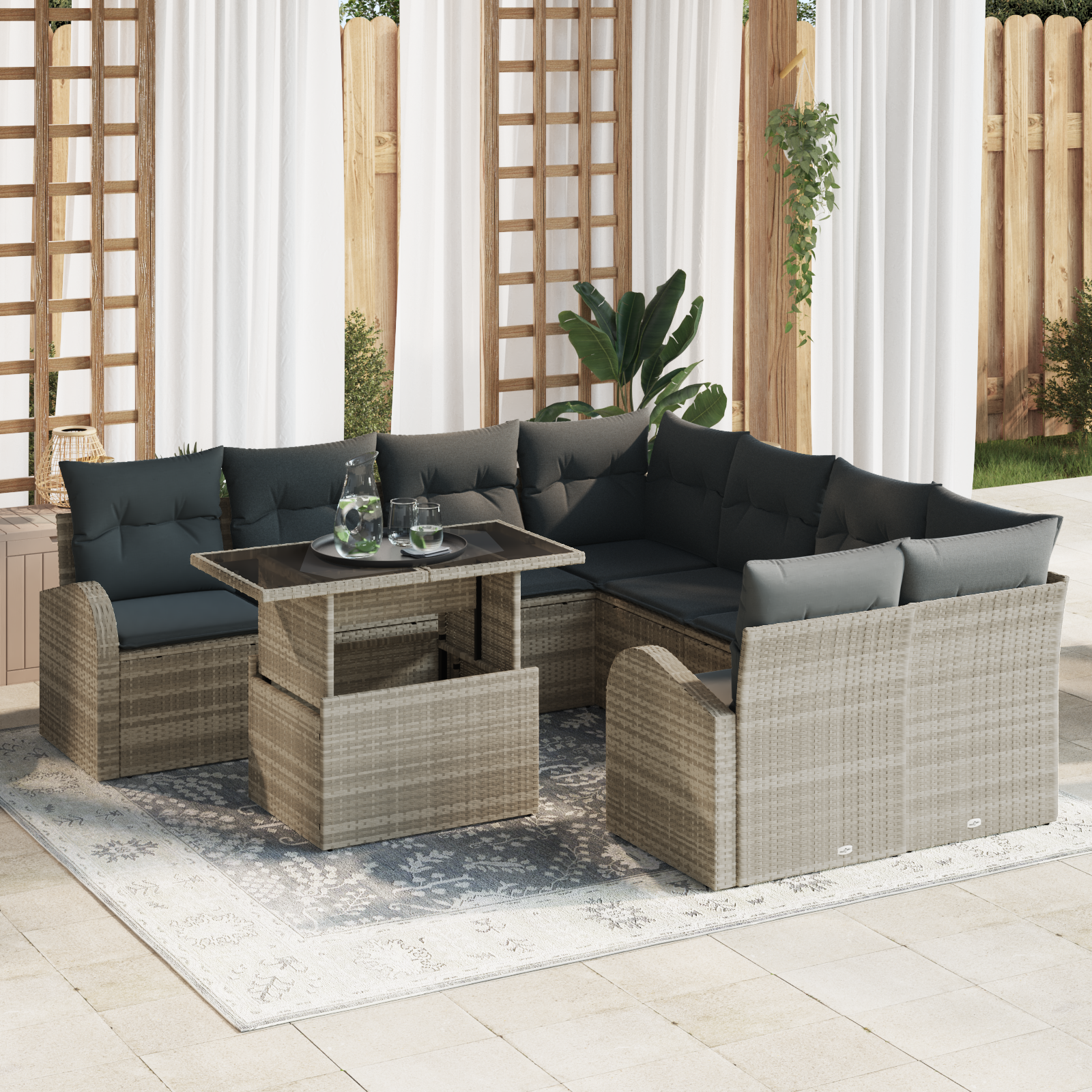 Trädgårdsoffset med kudde med lagring 9 pcs Ljusgrå Poly Rattan
