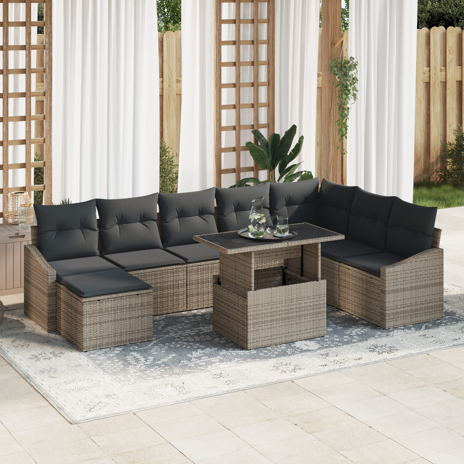 Trädgårdsoffset 9 pcs Grå Poly Rattan och Pulverlackerad Stål