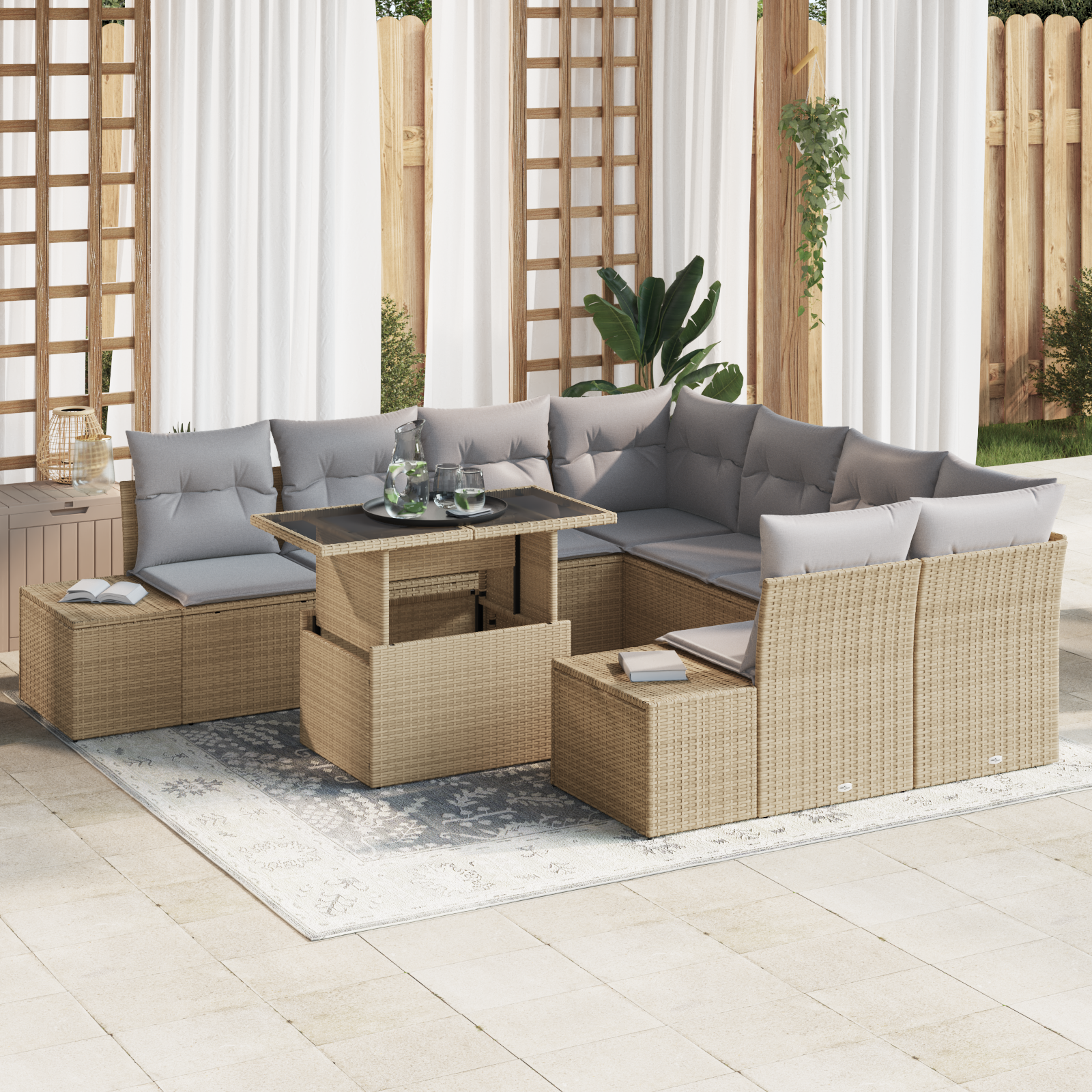Trädgårdsoffset med kudde 9 pcs Beige och Ljusgrå konstrotting