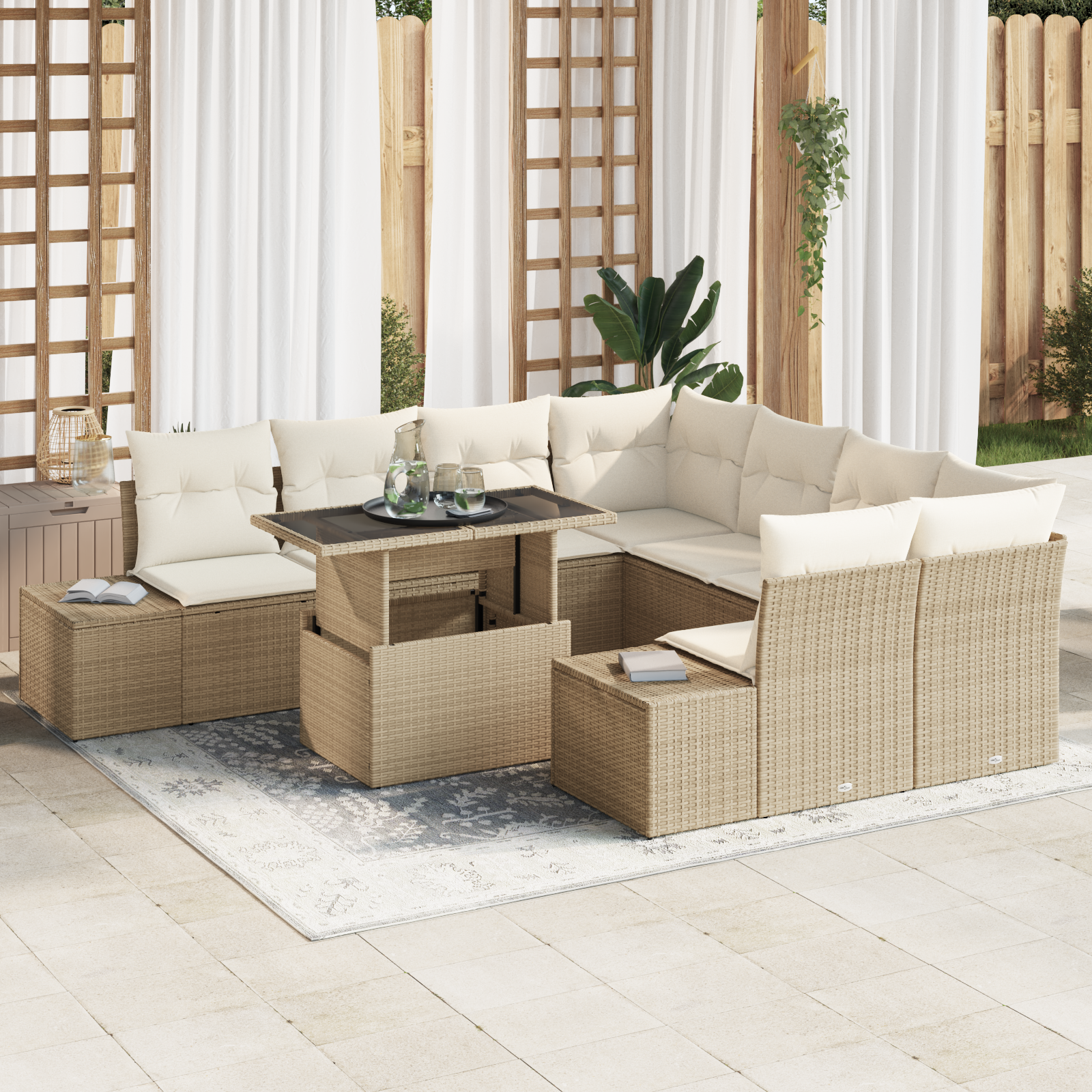 Trädgårdsoffset 9 pcs Beige och gräddfärgad konstrotting